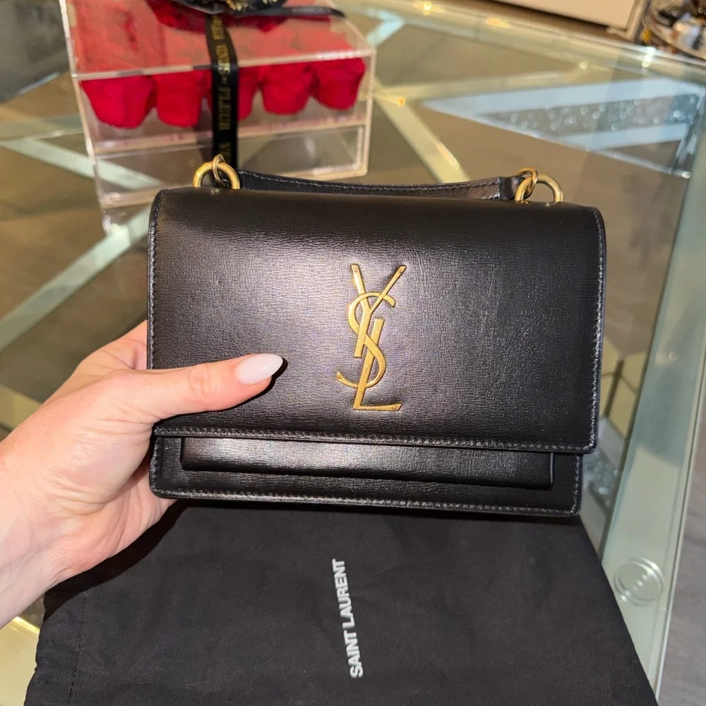 Saint Laurent Black Sunset Leather Crossbody with Gold YSL Logo - Picture 1 of 2